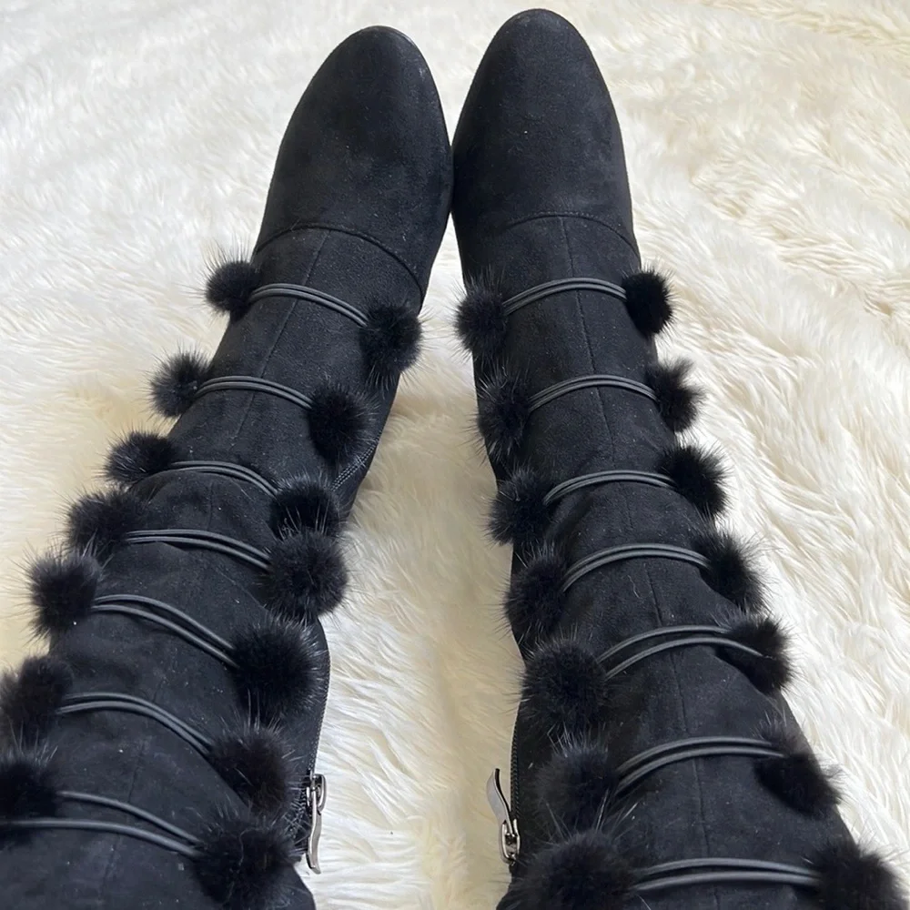 Stevey Faux Fur Pom Pom Knee High Boots
